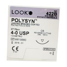 Fil de suture LOOK™ PolySyn™ tressé non teinté – C6, 4–0, 27 po, coupe inversée, cercle de 3/8, 12/emballage