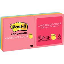 Post-It® Pop-Up Cape Town Notes, Assorted Colors, 100 Notes Per Pad, 3" x 3"