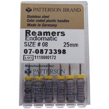 Patterson® Single Use Reamers – 25 mm Length, Stainless Steel, Color-Coded Plastic Handles, 0.02 Taper
