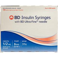 BD Insulin Syringe with the BD Ultra-Fine™ Needle – 1/2 ml, 31 Gauge, 5/16, 100/Box